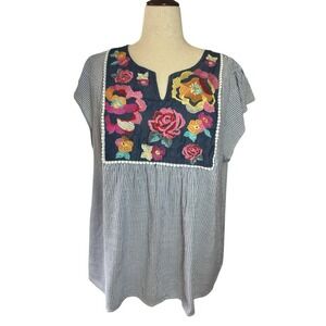 Savanna Jane Tunic Floral Embroidered Blouse Striped Top 3X Boho Cowgirl Western